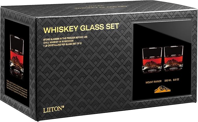 Mount Rainier Heavy Crystal Whiskey Glasses Gift Set of 2, Thick Freezable Bourbon Glass 1lb Each