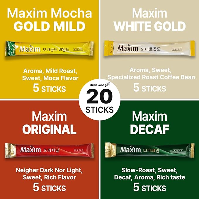 CUTIE MANGO Instant Coffee Mix Packets Single Serve - Korean Variety Coffee Sampler 20 Sticks of 4