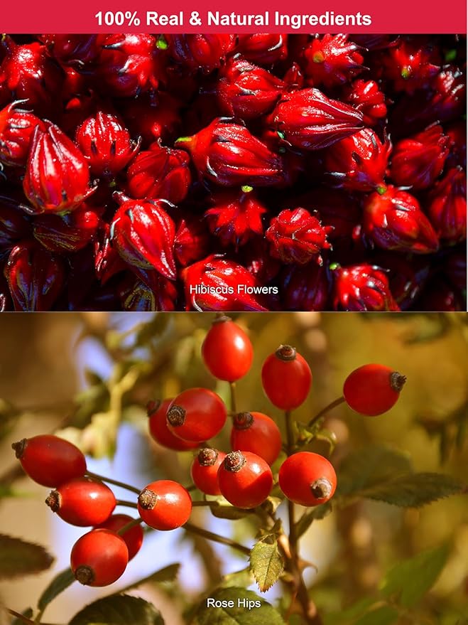 TeeLux Rosehip & Hibiscus Tea Bags, 2.5g/bag, Slight Tart Taste & Fruity Flavor, Caffeine Free, 60