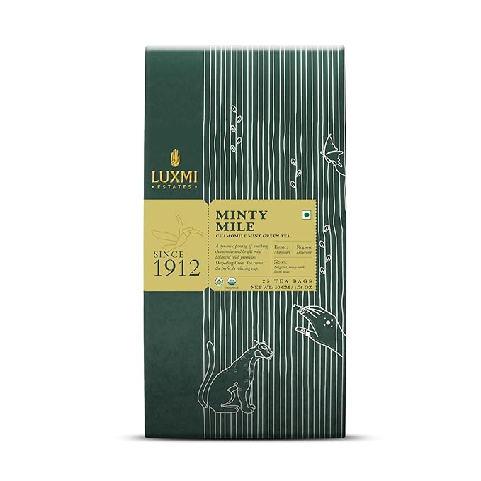 Luxmi Estates Minty Mile Organic Chamomile Mint Green Tea (25 Tea Bags) Low Caffeine Tea Bags For
