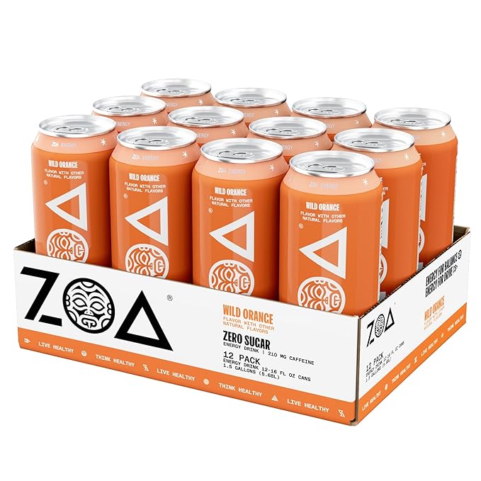 ZOA Zero Sugar Energy Drinks, Wild Orange - Sugar Free with Electrolytes, Healthy Vitamin C, Amino