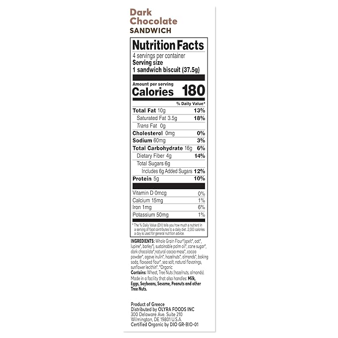 Olyra Dark Chocolate Sandwich Breakfast Biscuits, Healthy Snacks for Adults and Kids, Low Sugar