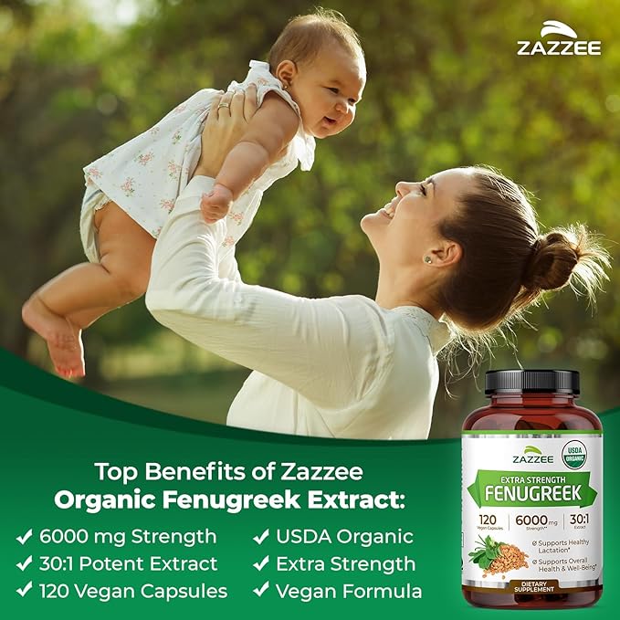 Zazzee USDA Organic Fenugreek 30:1 Extract, 6000 mg Strength, 120 Vegan Capsules, 4 Month Supply