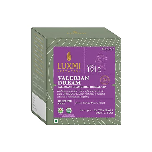 Luxmi Estates Valerian Dream Organic Valerian Root Tea (25 Tea Bags) Caffeine Free Tea Bags For