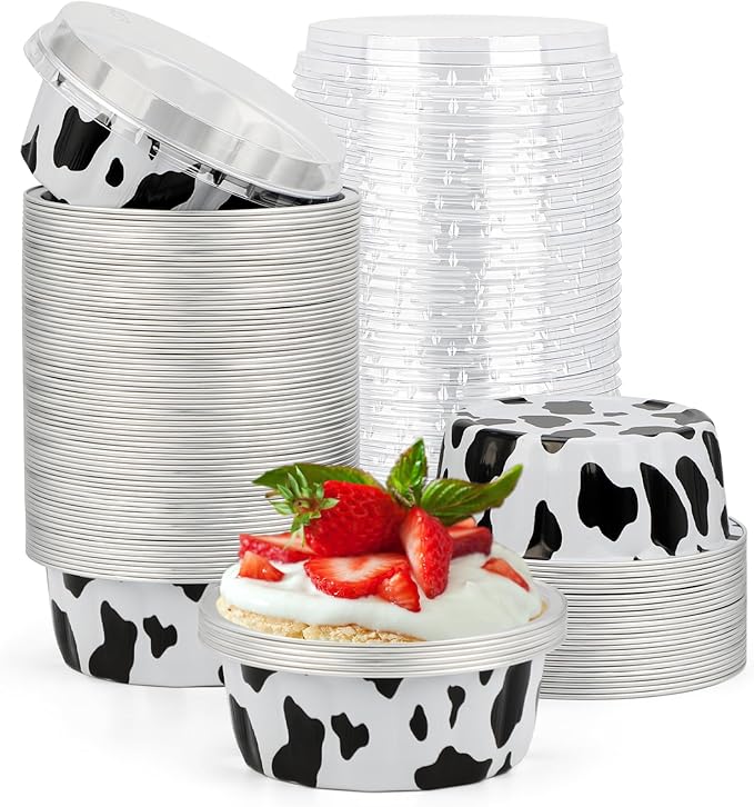 Beasea Aluminum Cups for Baking, 8oz 100 Pack Disposable Ramekins with Lids, Black White Aluminum