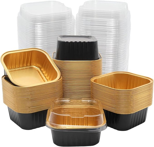 100 Pack 5oz Aluminum Pans with Lids Mini Square Foil Baking Cups with Lids Cupcake Baking Holders