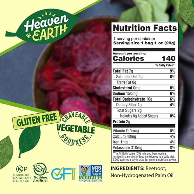 Heaven & Earth Beet Chips 1oz (6 Pack) Crisp and Delicious | Gluten Free | Certified Kosher