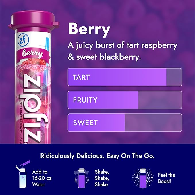 Zipfizz Daily Energy Drink Powder, Berry, 20 Pack | 3-in-1 Sustained Energy, Rapid Hydration, and