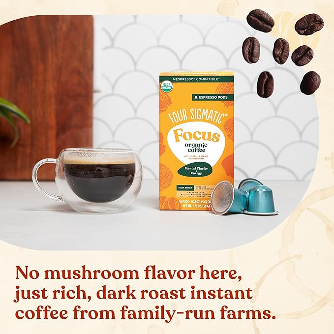 Four Sigmatic Focus Coffee Pods Compatible with Nespresso Original | Organic Dark Roast Espresso