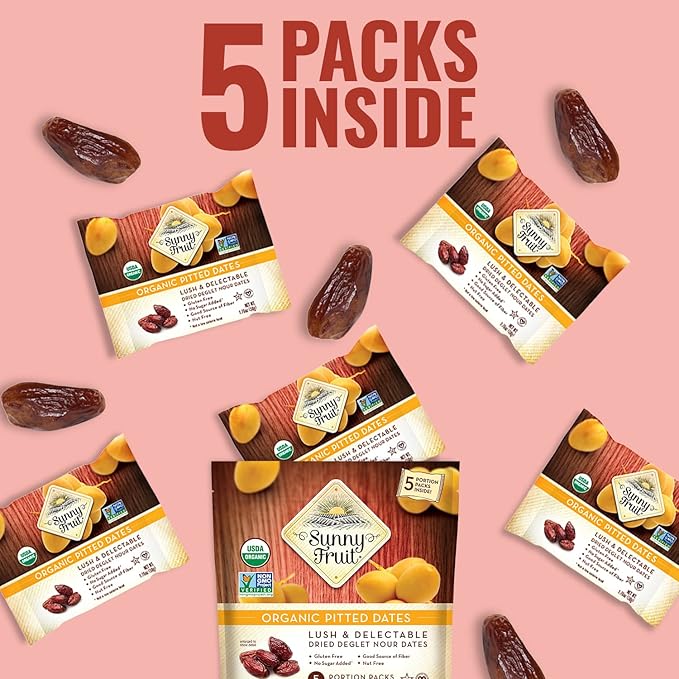 Sunny Fruit Organic Dried Pitted Deglet Nour Dates - 1 Bag (5 Individual Portion Packs) | No