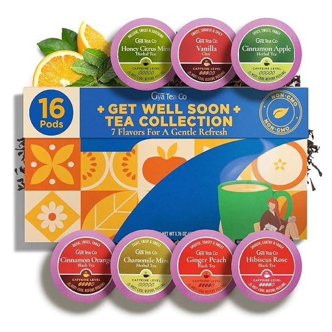 Gya Tea Co Get Well Soon Collection Tea Gift Set (16 ct) - 7 Flavors Assorted Tea Pod Variety Pack