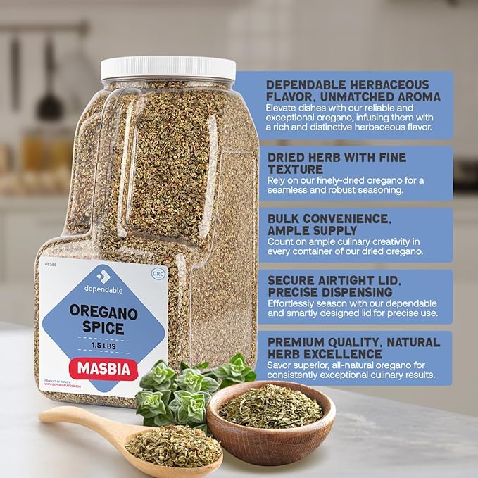 Dependable Food Oregano Seasoning - 1.5 Lb. Jar - Bulk, Kosher, 100% Natural Oregano Leaves for