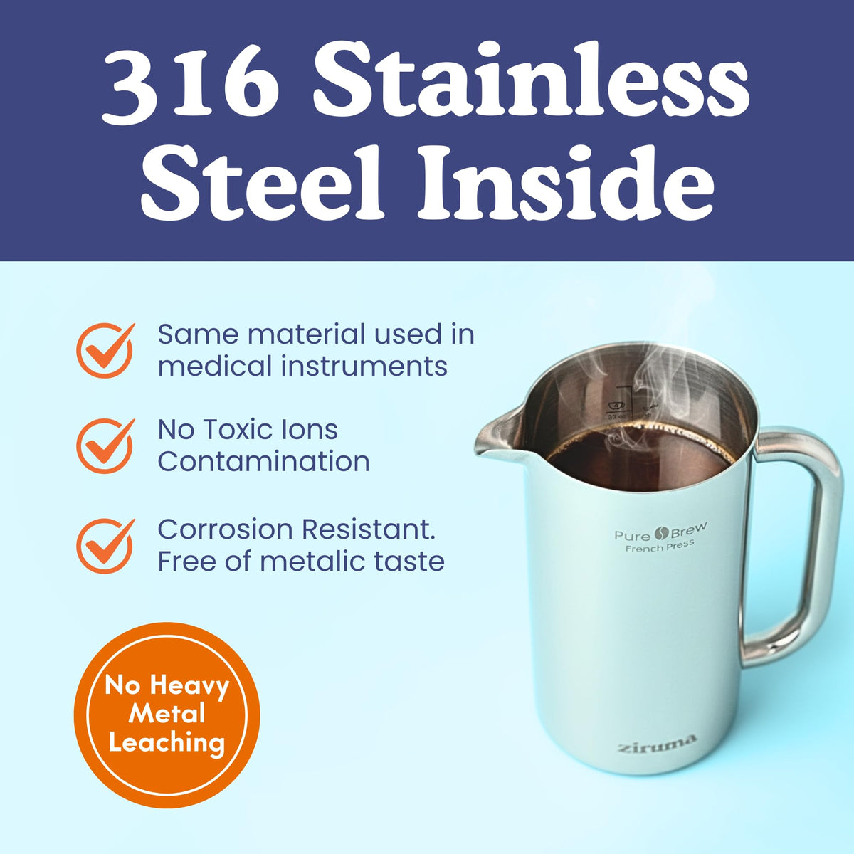 Non-Toxic Stainless Steel French Press, No Plastic or Heavy Metals, 34 oz
