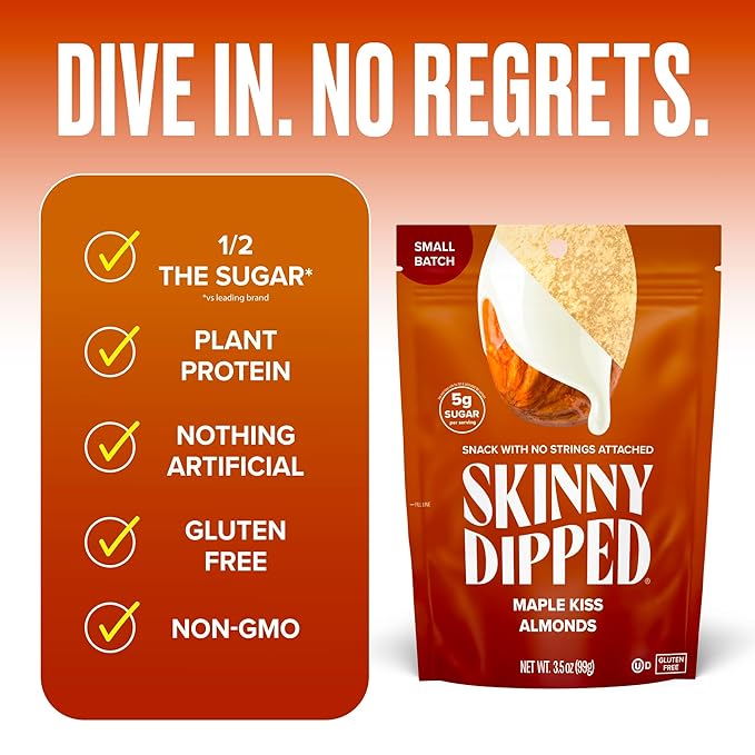 SkinnyDipped Maple Kiss Almonds, Healthy Snack, Plant Protein, Gluten Free, 3.5 oz Resealable Bags