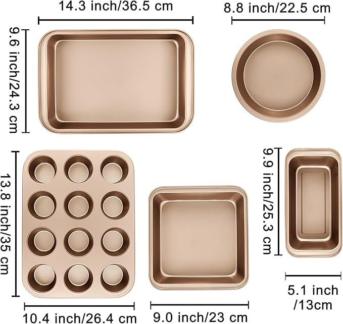 Nonstick Baking Pans Set, 5-Piece Kitchen Baking Sheets for Oven, Bakeware Sets with Round/Square