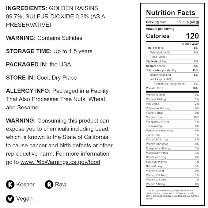 Food to Live California Jumbo Golden Raisins, 2 Pounds ??Seedless, Sun-Dried, No Added Oil, No