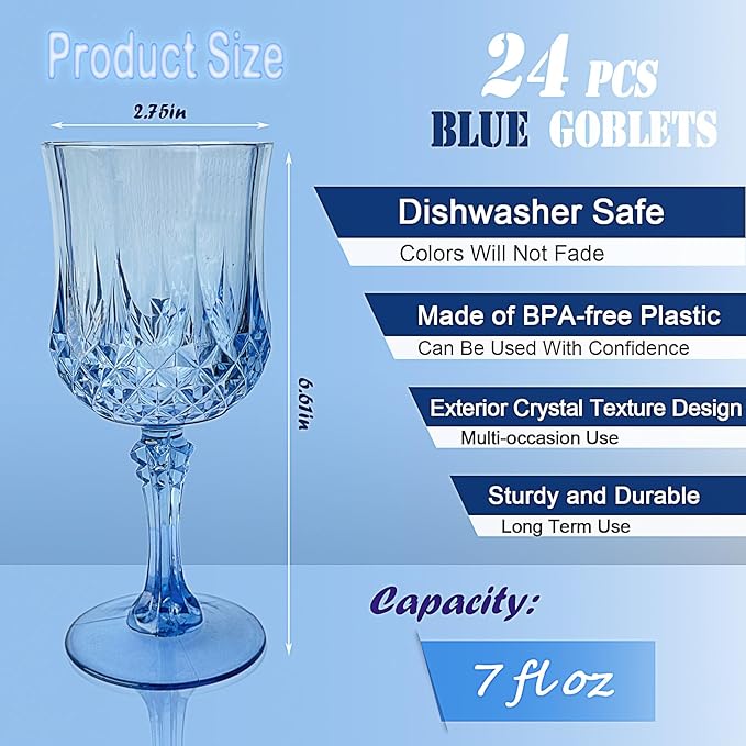 24 PCS Blue Plastic Wine Glasses,Reusable Plastic Wine Glasses,Blue Goblet Glass,Durable and Sturdy