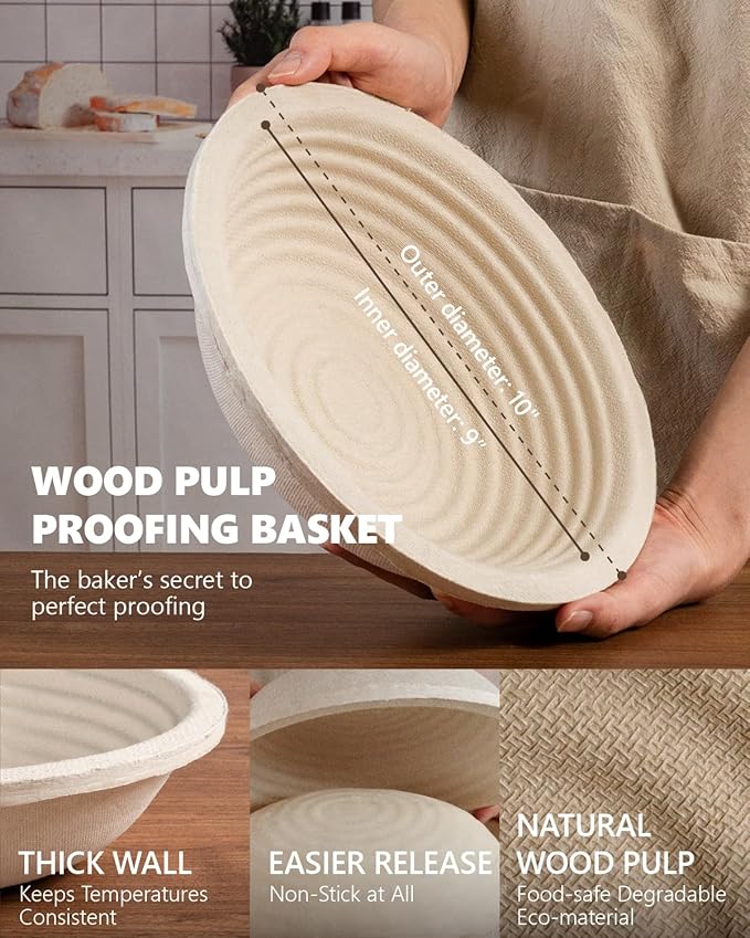 Wood Pulp Banneton Bread Proofing Baskets Set of 2, 9 Inch Round 2.2LB Sourdough Banneton Basket