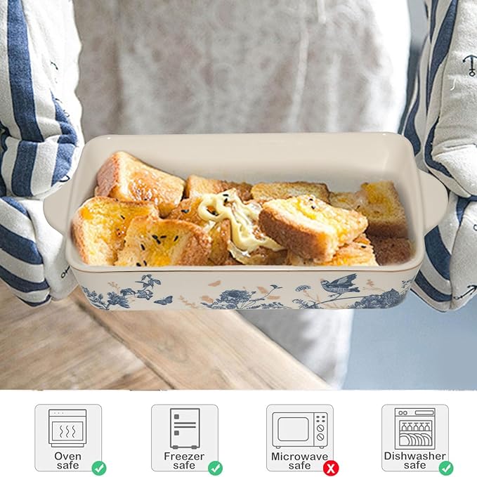 Baking Pans Set of 2 Blue flower 14 inch Ceramic for Oven Large Casserole Baking Dish Set with