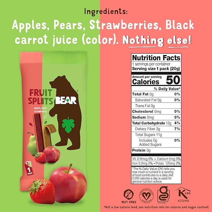BEAR Real Fruit Snack Splits - Gluten Free, Vegan, and Non-GMO - Apple and Strawberry ??Healthy