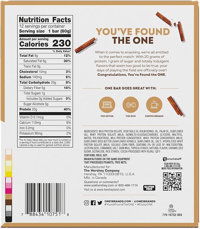 ONE Protein Bars, Cinnamon Roll, Gluten Free with 20g Protein and 1g Sugar, Pantry Staples, 2.12 oz