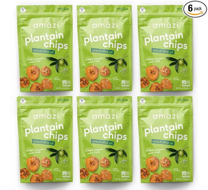 Am채zi Foods | Dried & Roasted Salted Olive Oil Plantain Chips (6 Pack) | All Natural Mini Travel