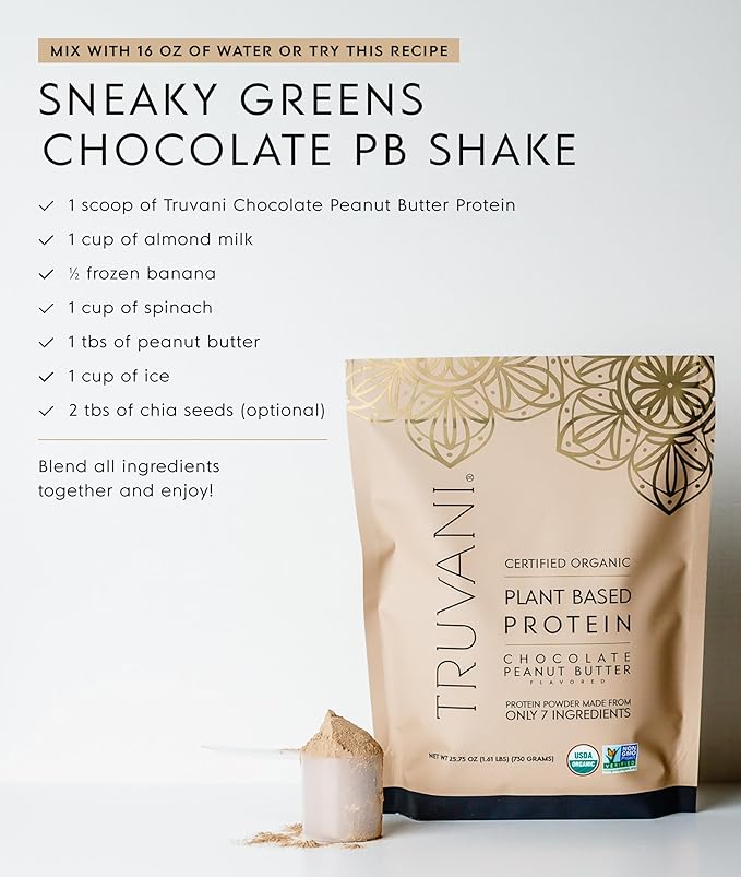 Truvani Vegan Pea Protein Powder | Chocolate Peanut Butter | 20g Organic Plant Based Protein | 10