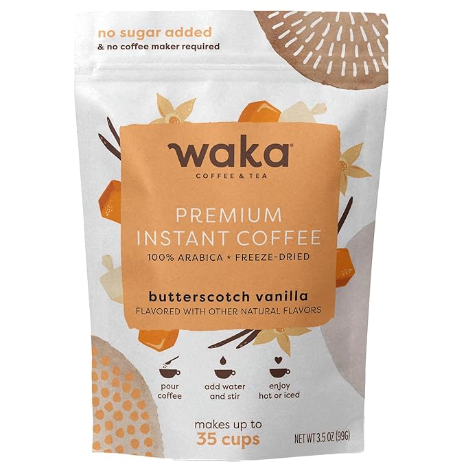 Waka Premium Instant Coffee — Butterscotch Vanilla Flavored — 100% Arabica Freeze Dried Beans — For
