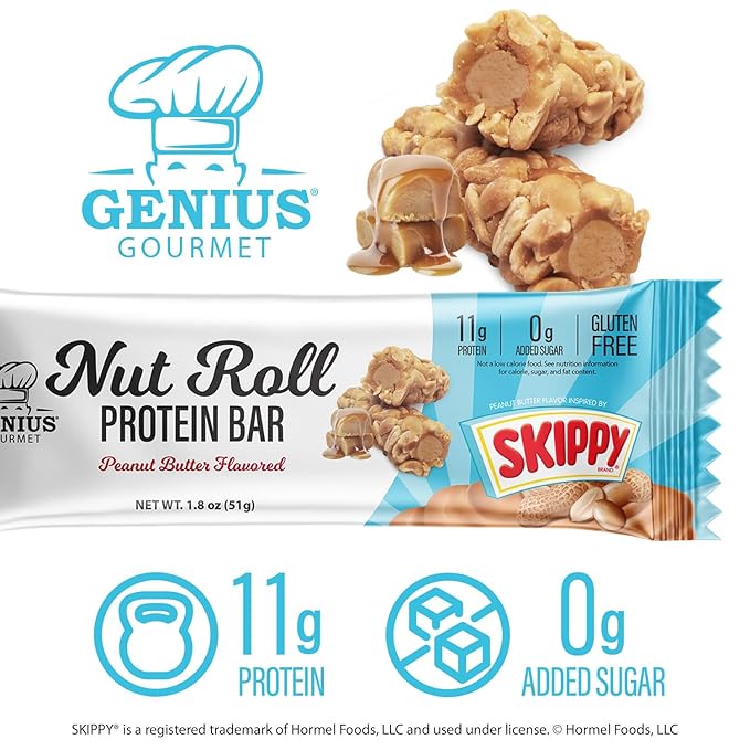 Genius Gourmet SKIPPY Peanut Butter Flavor Inspired Protein Nut Roll Bar,11g Protein per