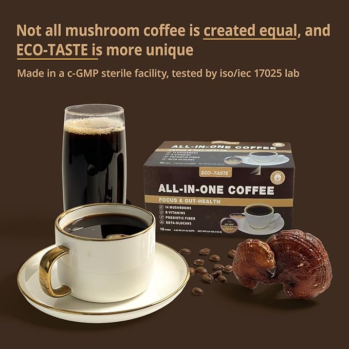 Mushroom Coffee K Cup – Focus & Gut-Health with 14-Mushrooms, Vitamins, L-Theanine and Alpha GPC