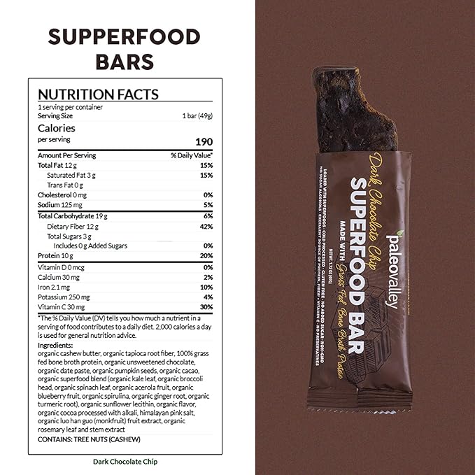 Paleovalley Superfood Bars – Dark Chocolate Chip– 12 Pack – 9g Protein per Bar – Gluten-Free