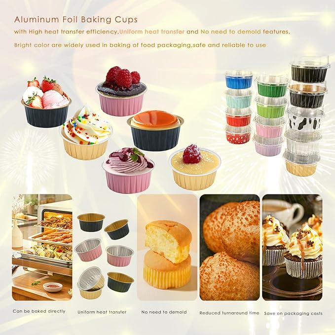 60 Pcs Mini Cake Pans with Lids,5oz Aluminum Foil Baking Cups Round Mini Disposable Ramekins 125ml