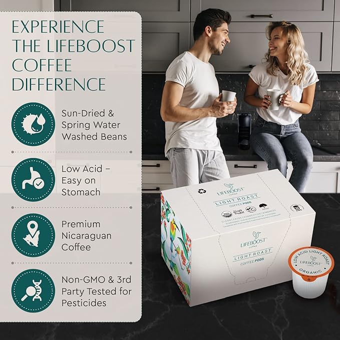Lifeboost Light Roast Low Acid Coffee Pods - Single Origin Non-GMO Organic Coffee K Cups