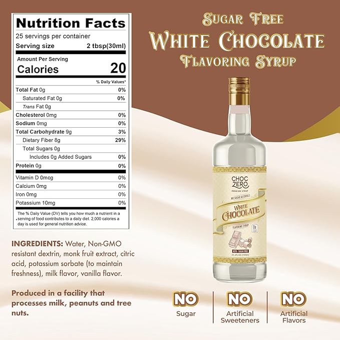 ChocZero Sugar Free White Chocolate Syrup for Coffee - Latte Flavoring Syrups - Keto Friendly, Zero