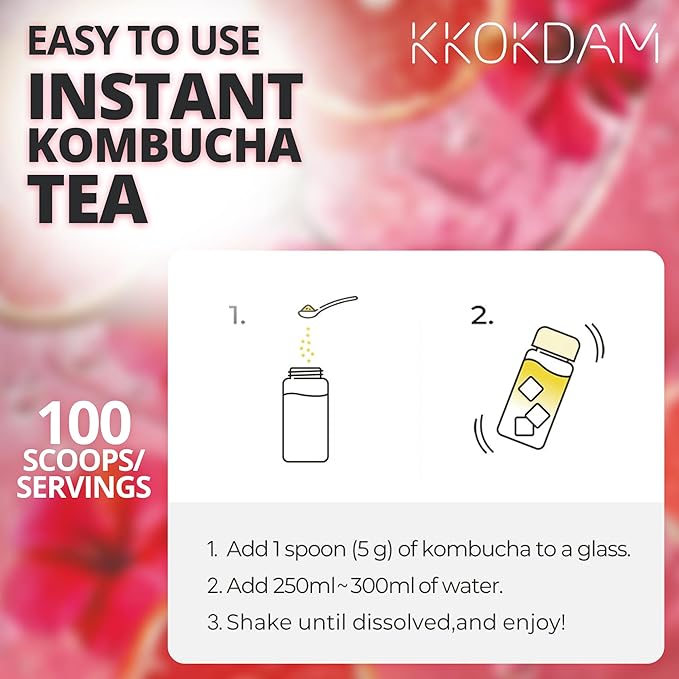 KKOKDAM Kombucha Tea - Grapefruit & Hibiscus Korean Tea - Kombucha Drinks Probiotic Support, Low