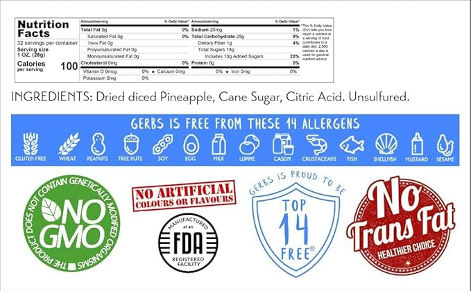 Gerbs Dried Pineapple Cubes, 2 LBS - Preservative Free & Unsulfured - Top 14 Food Allergy Free &