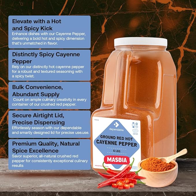 Dependable Food Ground Red Pepper | 6 Lb. Jar | 40,000 SHU Heat | Bulk, Kosher Cayenne Pepper