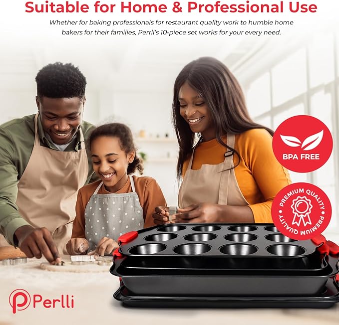 PERLLI Non-Stick 10-Piece Baking Pan Set, BPA-Free Carbon Steel Bakeware Set with Silicone Handles