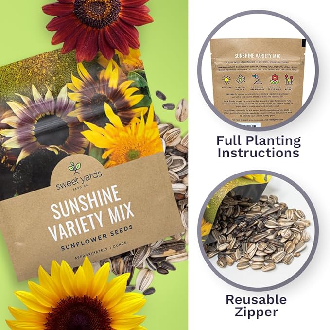 SWEET YARDS Sunflower Variety Mix 10 Types of Beautiful Sunflowers - Bulk 1 Ounce Packet - Open