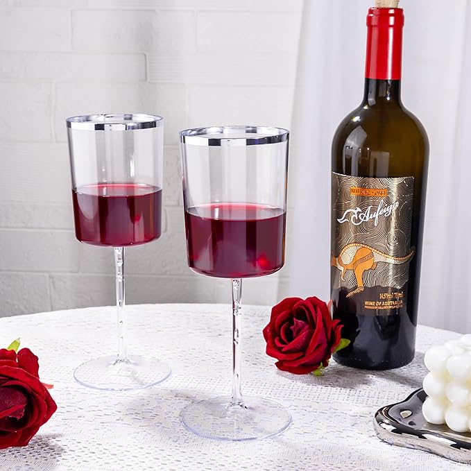 Ciaell 12 Pack Plastic Wine Glasses - 10 Oz Plastic Wine Glasses with Stem - Square Silver