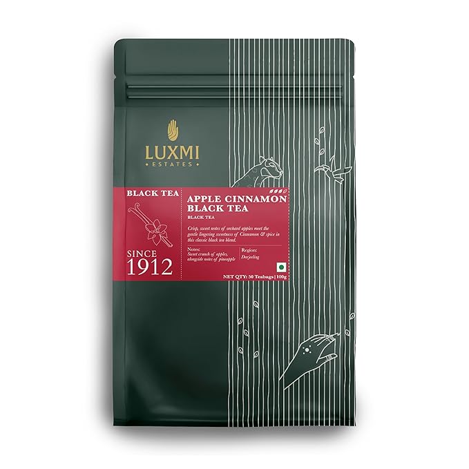 Luxmi estates Apple Cinnamon Black Tea 50 Tea Bags (100g) Pack | USDA Certified Premium Black Tea |