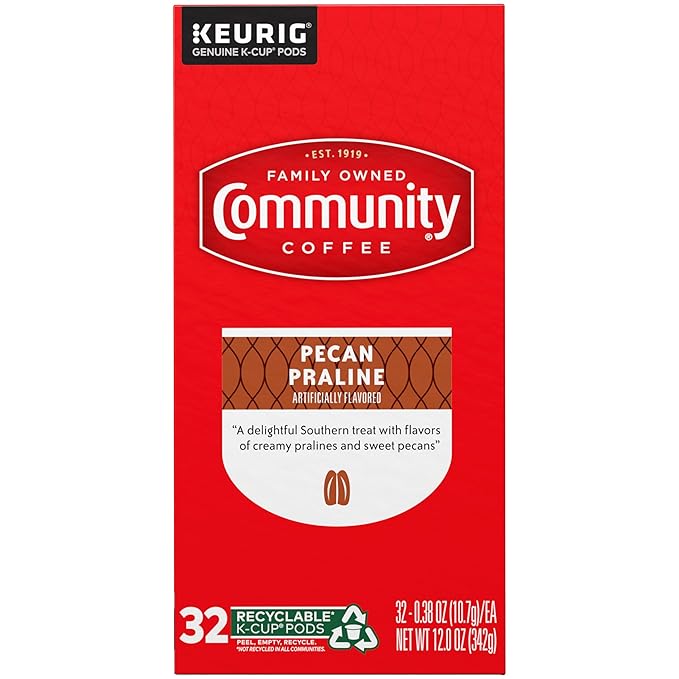 Community Coffee Pecan Praline Flavored, Medium-Dark Roast, Single-Serve Keurig K-Cup Pods, 32