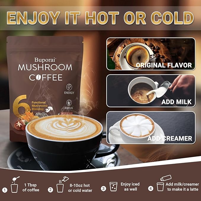 Mushroom Coffee, Instant Mushroom Coffee with 6 Mushrooms Lion’s Mane, Cordyceps, Turkey Tail &