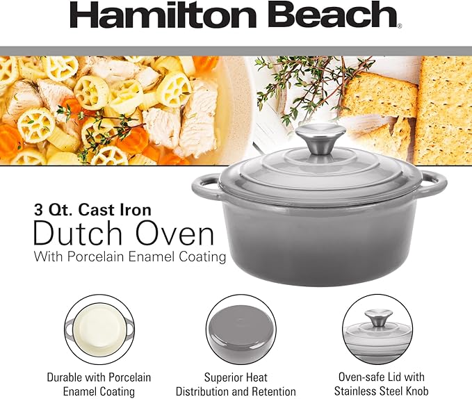 Hamilton Beach 3-Quart Enameled Cast Iron Dutch Oven with Lid | Cream Interior for Even Heat
