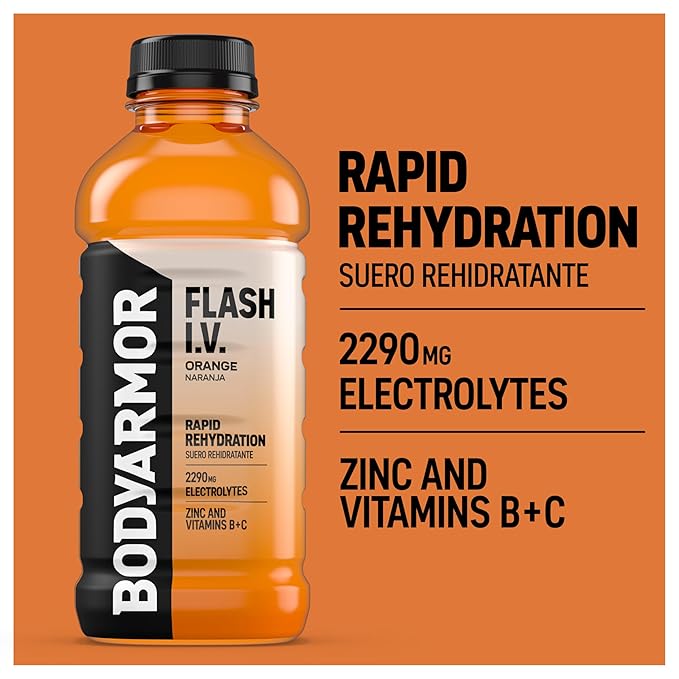 BODYARMOR Flash I.V. Electrolyte Beverage, Orange, Hydration Drink with Coconut Water For Rapid