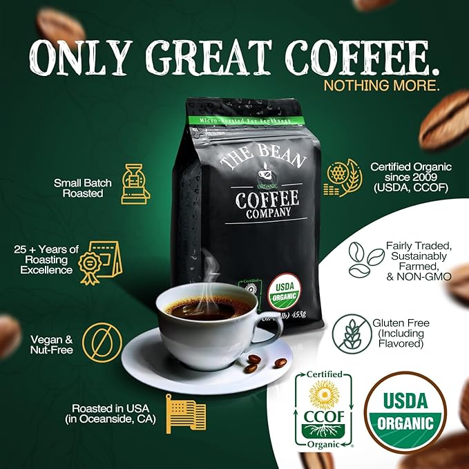 The Bean Organic Coffee Company Premium Espresso, Dark Roast, Ground Coffee, 16-Ounce Bags (Pack of