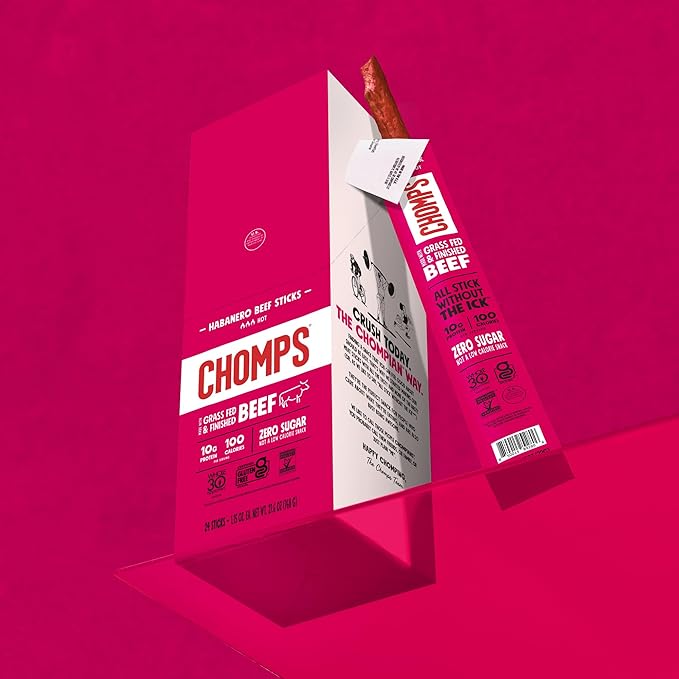 Chomps Grass-Fed and Finished Spicy Habanero Beef Jerky Snack Sticks 10-Pack - Keto, Paleo