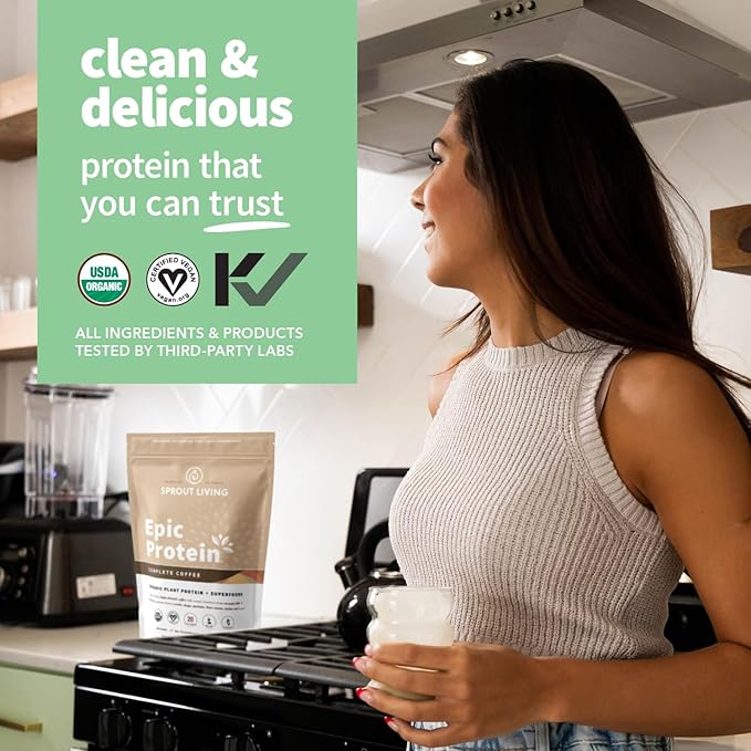 Sprout Living, Epic Protein, Plant Based Protein & Superfoods Powder, Complete Coffee | 20 Grams
