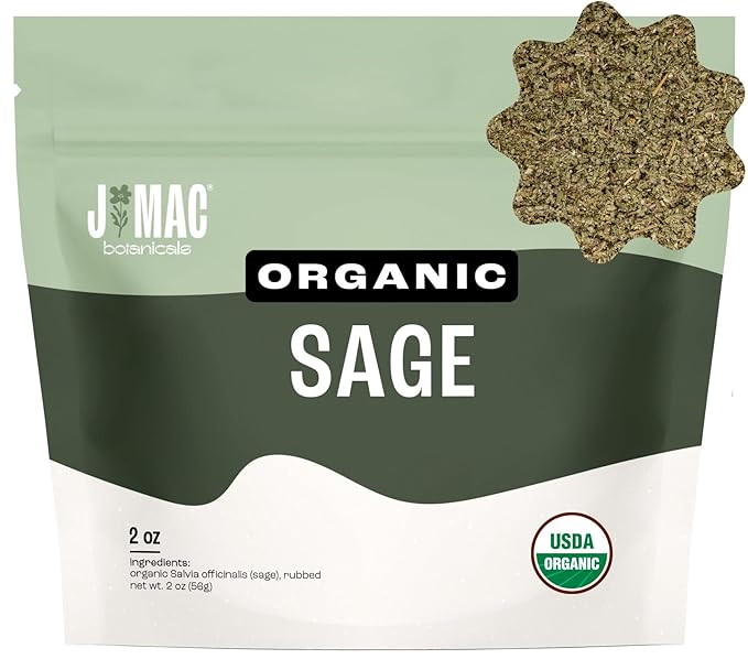J Mac Botanicals, Organic Rubbed Sage (2 oz), Certified USDA Organic, Dried Rubbed Sage Leaf.