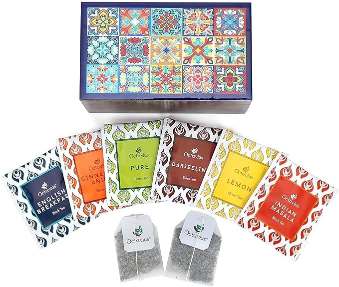 Octavius | Tile Motif Wooden Caddy Tea Sampler Pack | Assortment of 3 Black & 3 Green Teas | 30
